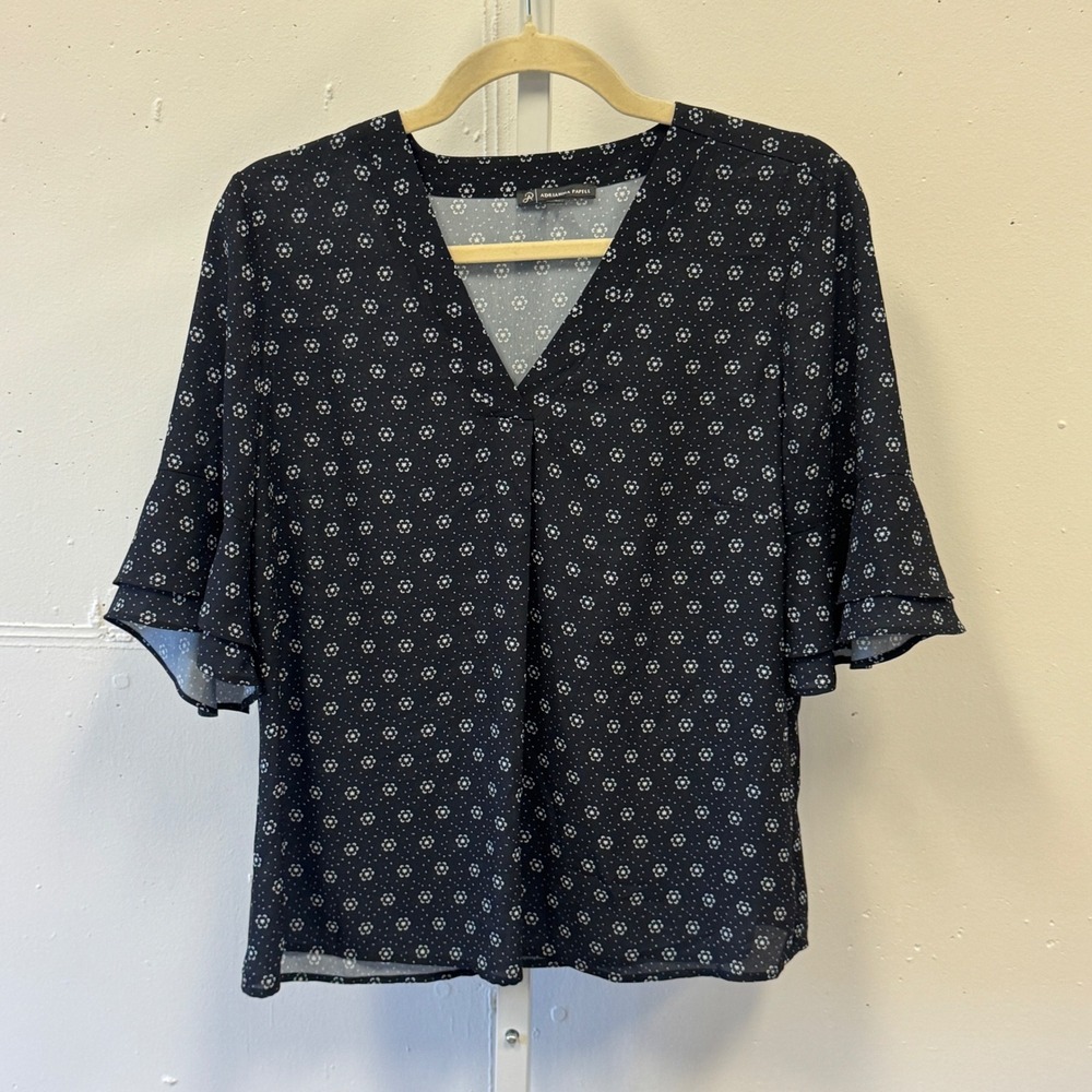 Adrianna Papell Navy Blue Floral Tiered Bell Sleeve V-Neck Blouse Top Small
